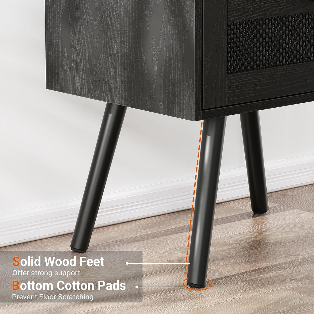 Nightstands with Charging Station, Bedside Table Set of 2 with Texilene Surface Drawers, Rattan Side Table with
