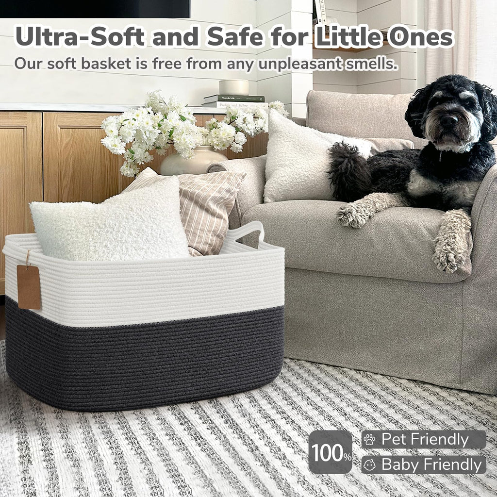 75L Extra Large Woven Rope Blanket Basket, Rectangle, Dark Gray