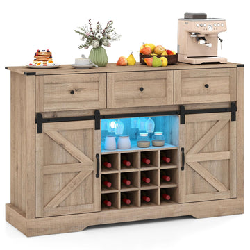 Wine Bar Cabinet with LED Lights, 52" Buffet Sideboard w/Sliding Barn Door, 3 Drawer, Adjustable Shelf, 12 Bottle