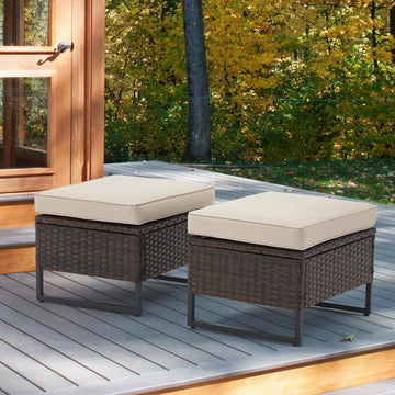 Outdoor Wide Wicker Ottomans Set of 2, All-Weather Rattan Ottoman Seat for Garden, Backyard and Balcony, Patio