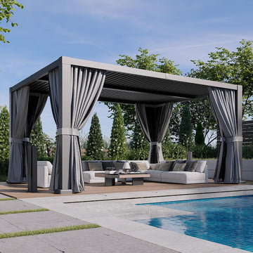 Louvered Pergola 12' x 16' Outdoor Aluminum Pergola Adjustable Roof, with Waterproof Curtains and Nets