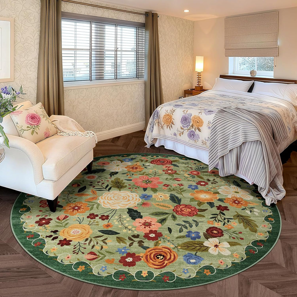 6ft Round Washable Area Rug Green Boho Floral Bedroom