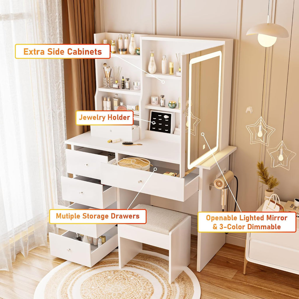 Vanity Desk with Mirror and LED Lights, Makeup Vanity Set with Power Outlet, and Stool,Jewelry Storage,White Vanity