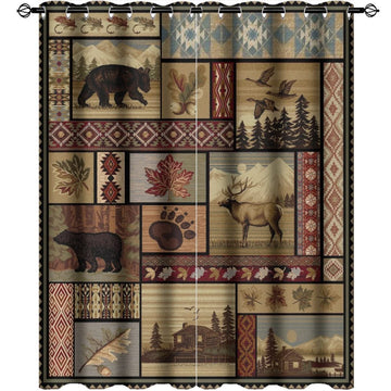 Vintage Deer Bear Farmhouse Ultra Soft Premier Blackout Curtains, Retro Cabin Lake Country Lodge MooseThermal