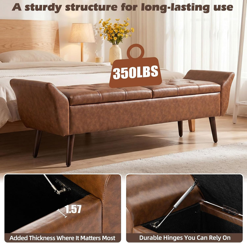 Storage Ottoman Bench 64'' Leather End of Bed Bench Easy-to-Assemble