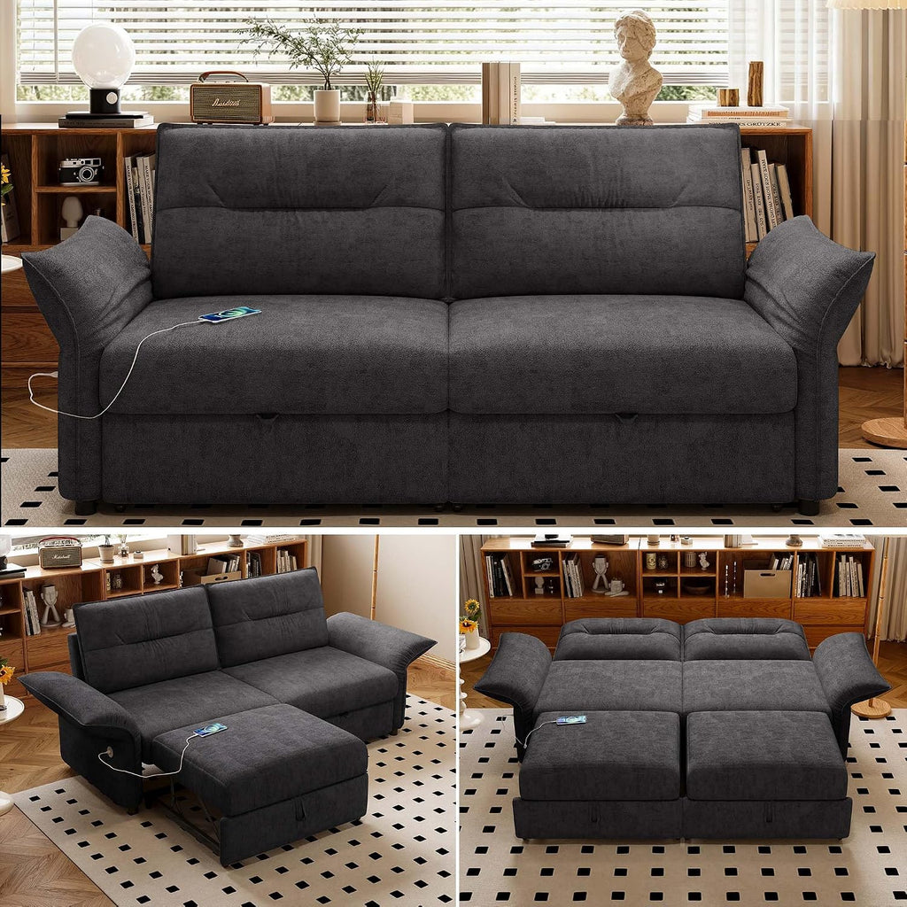 85'' Full Size Sleeper Sofa, Flannel Pull Out Couches, Flannel Dark Grey | 3 in 1 Convertible Sofa, Assembly for