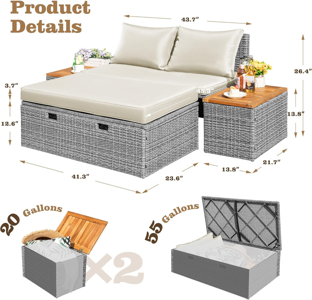 Outdoor Rattan Daybed with 2 Side Tables, Multifunctional Wicker Patio Sofa with Storage Ottoman, Cushions