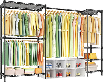 E10 Clothes Rack(With Stretchable Hanger Rod)Freestanding Clothing Racks for Hanging Clothes,Adjustable Closet