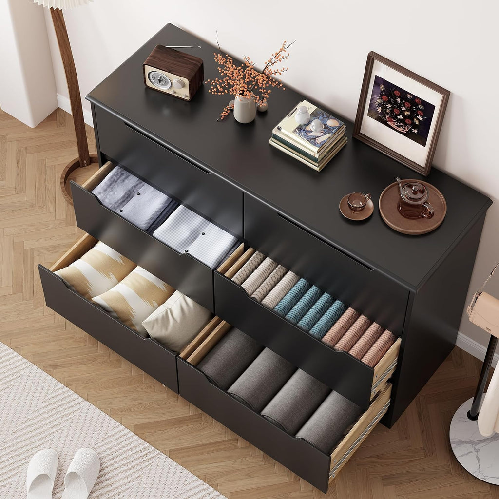 6 Drawer Double Dresser with Anti-Tip Design, Black | Modern Wide Wooden Chest of Drawers with Cut-Out Handles