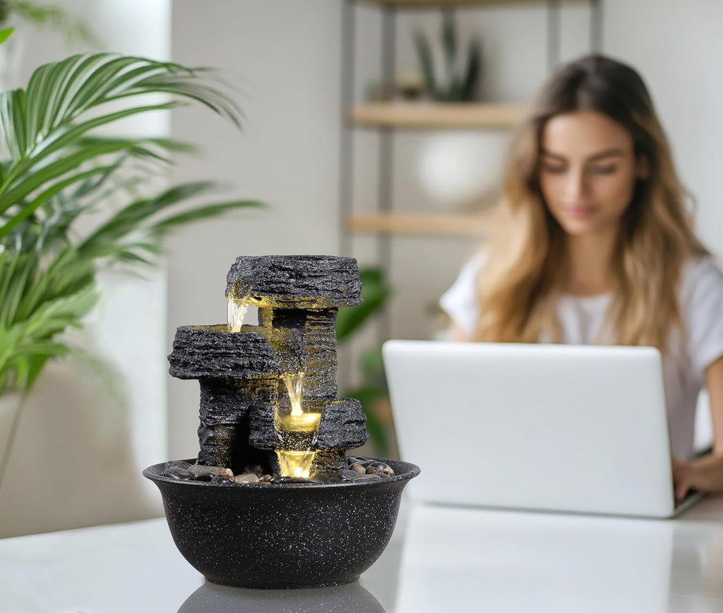 Rock Style Tabletop Fountain with LED Light - Indoor Waterfall Feature or Office Décor, Relaxing Zen Desktop Water