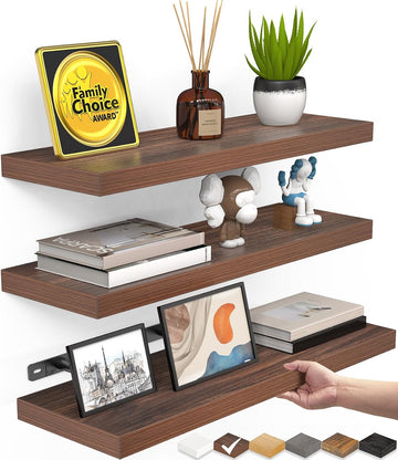 Walnut-Like Floating Shelves 15.7in, 3 Pack, Wall Mount Rustic Shelf | 22lbs Max Load, Hidden Bracket, Bedroom