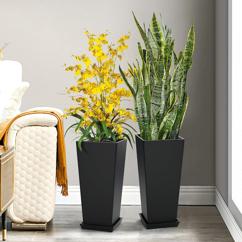 24-Inch Tall Planters for Outdoor Plants, Set of 2, Black | Square tapered planters with drainage trays for front