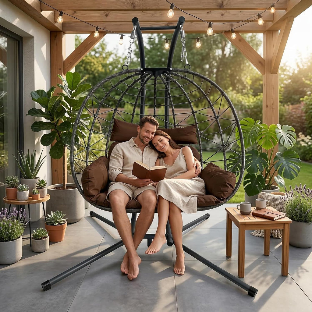 Extra Large Double Egg Swing Chair with Stand, 2-Person Outdoor Patio Hanging Chair with Cushions & Pillows