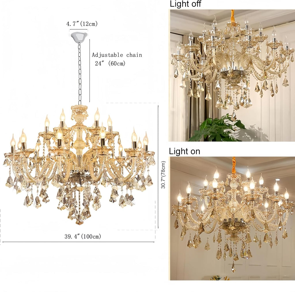 Luxury Cognac Crystal Chandelier 18 Lights,Contemporary K9 Crystal Ceiling Chandelier Lighting Fixture Candle Style E12 Base for Dinning Living Room Bedroom Hallway (18 Lights)