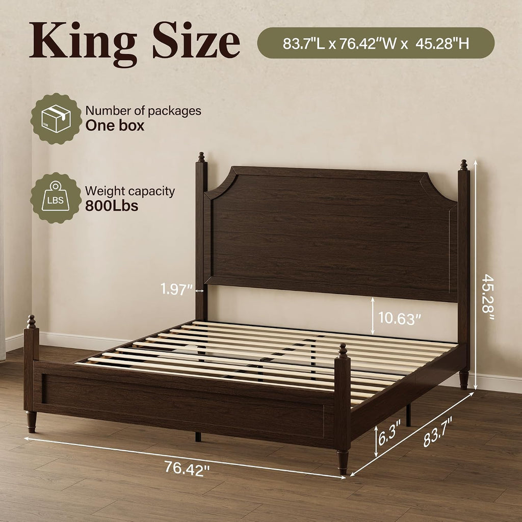 Classic Four-Poster King Bed Frame with Curved Headboard, Walnut Wood