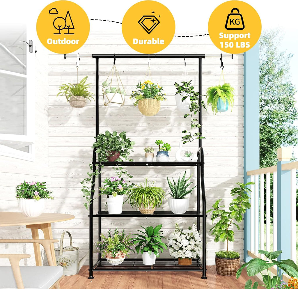 Plant Stand Indoor Outdoor, Heavy Duty Metal 3 Tiered Hanging Plant Shelf for Multiple Flower Planter Holder Tall
