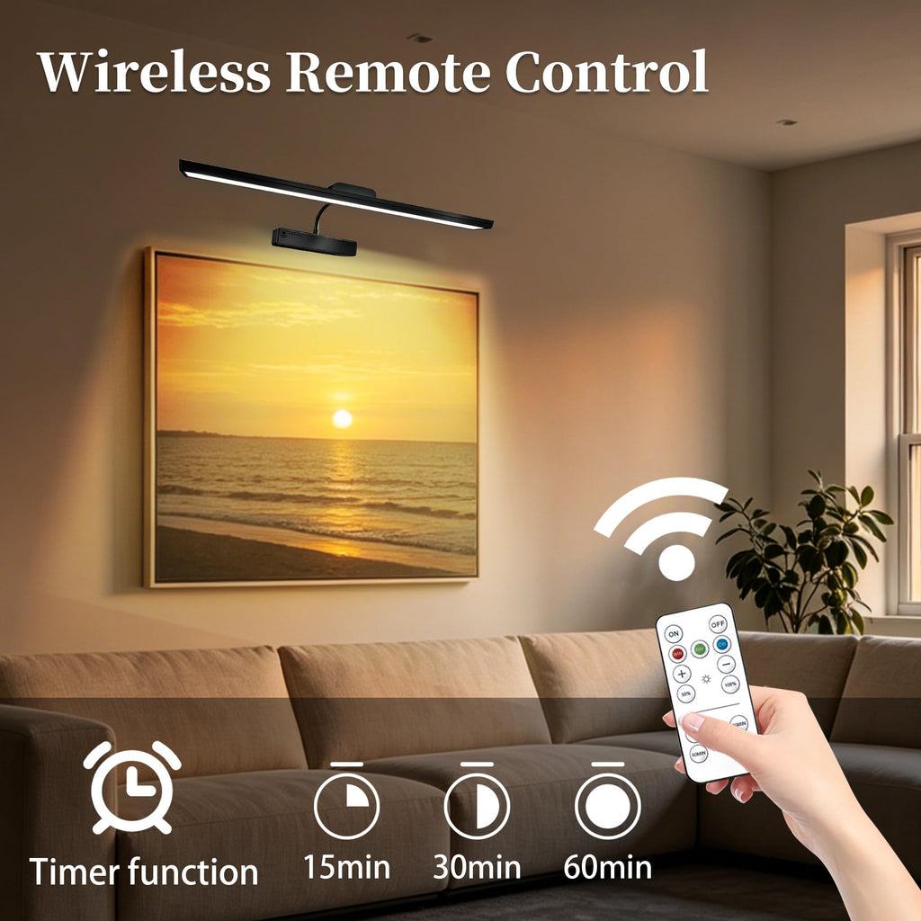 Picture Light for Wall, 4800mAh Rechargeable Wireless Remote, 15in Dimmable Timer LED Art Display Light with 3 Color