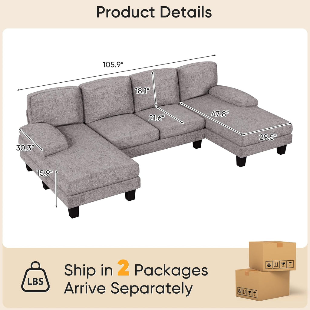 Sectional Couch , Modern Cloud Couch with Deep Seat and Chaise, U-Shaped Sofa Couches with Padded Armrest for Small
