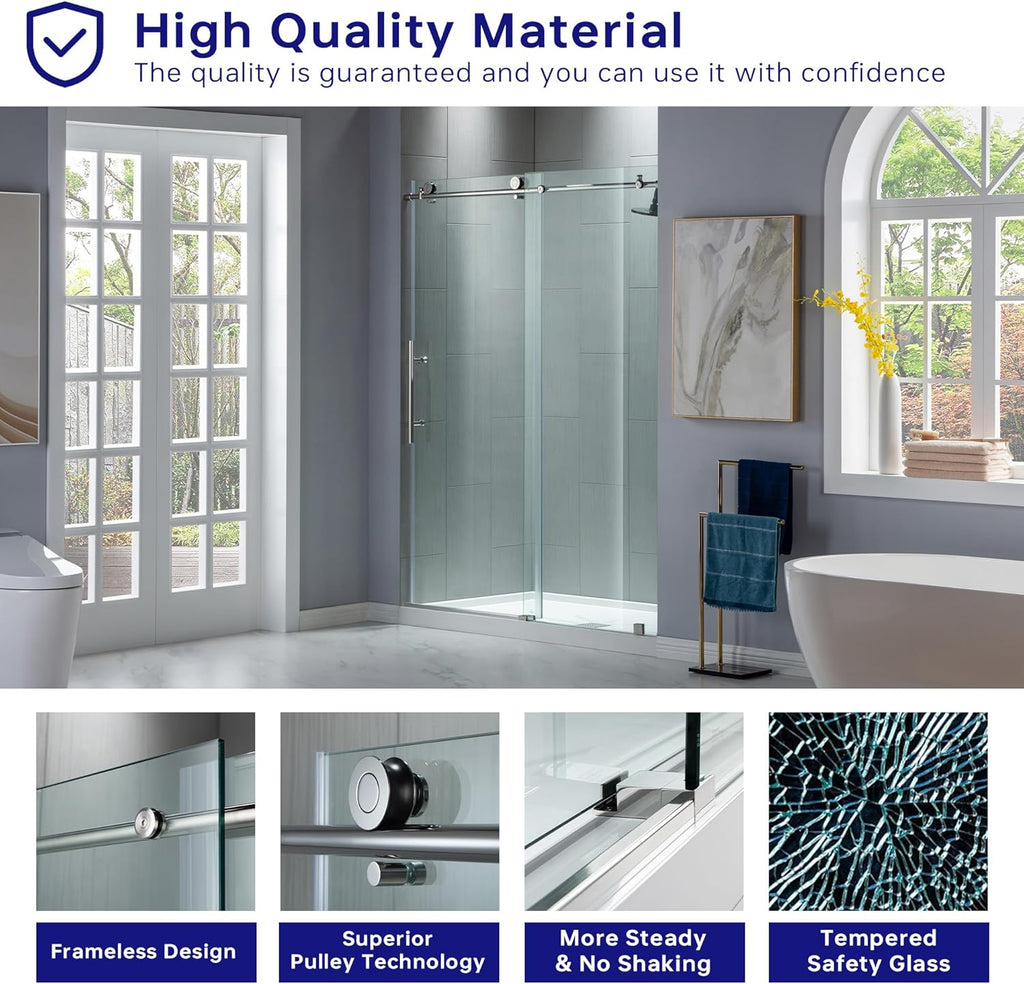 Frameless Sliding Shower Door, 56" - 60" Width, 76" Height, 3/8" (10 mm) Clear Tempered Glass, Chrome Finish