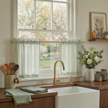 Sheer Linen Curtains, Light Green Plaid Cafe Curtains for Living Room Bedroom, Farmhouse Bathroom
