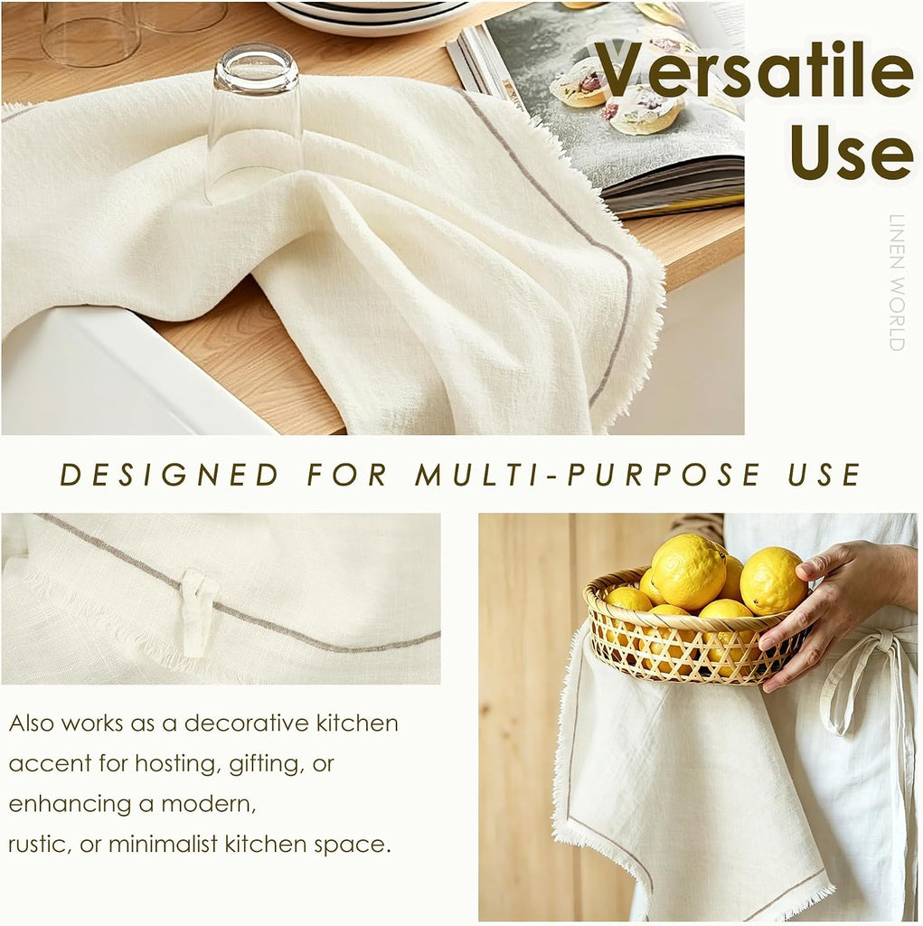 Linen World Dish Towels Set of 4, 20 x 28 Inch Linen Blend Kitchen Towel, Frayed Edge, Embroidered Border, Absorbent