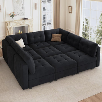 Sectional Couch with Storage, Modular Sectional Sofa, Velvet Couches for Living Room, Black
