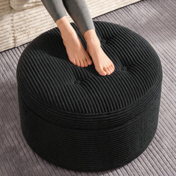23.6in Round Pouf Ottoman, Corduroy Footstool Foot Rest Seating