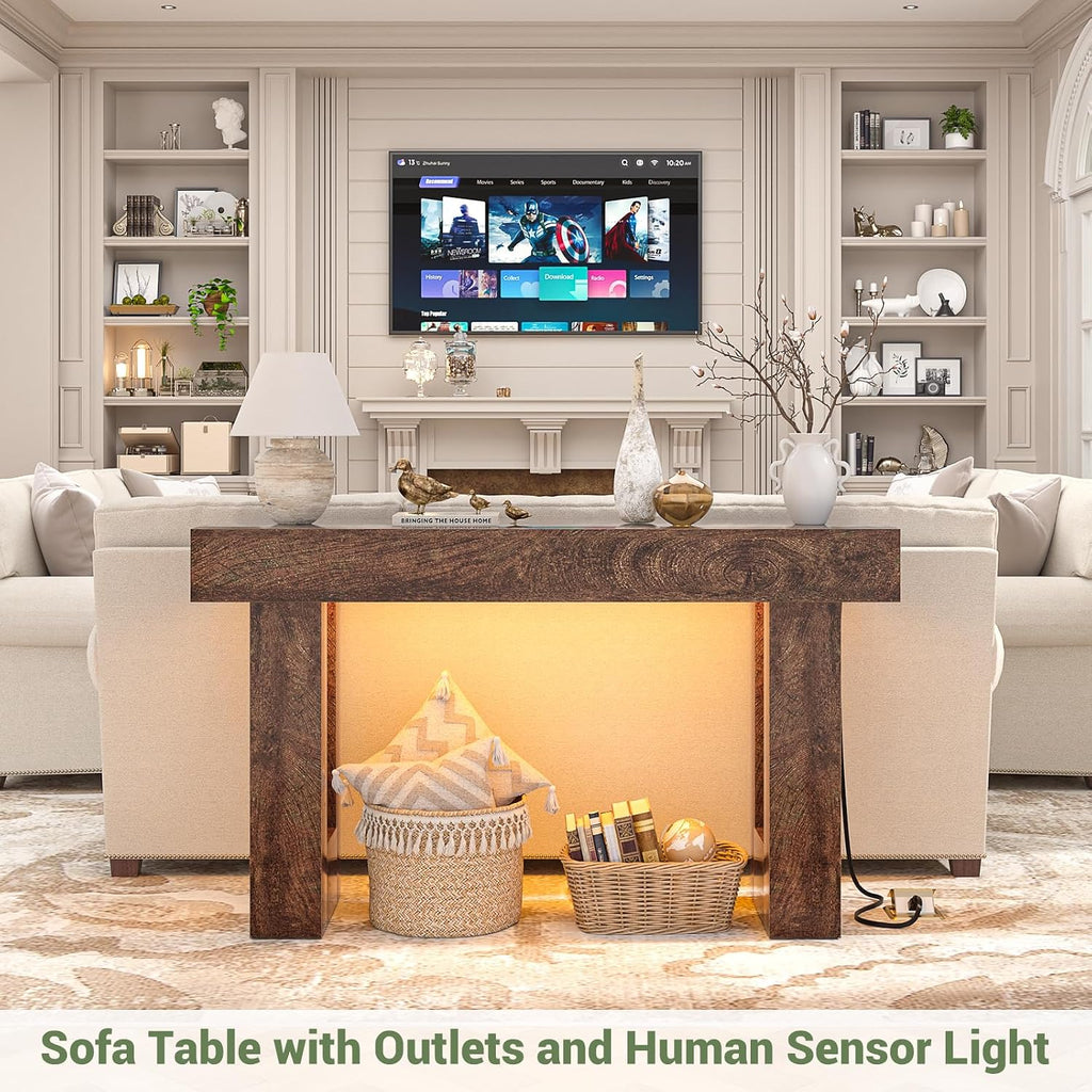 47" Entryway Table with Socket and Sensor Light, Narrow Console Table with Storage Behind Couch, Farmhouse Entry Way