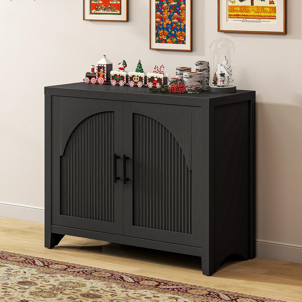 37" Modern Fluted Sideboard Buffet Cabinet with Storage, Black Oak | Small Wooden Modular Storage Cabinet, Adjustable
