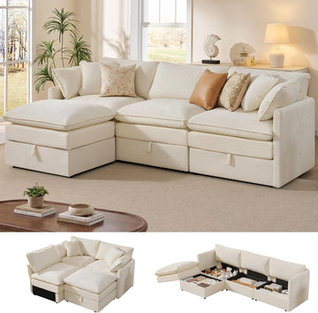 103" Modular Sectional Sofa with Storage, L Shaped Cloud Couch with Movable Ottomans & 4 Pillows, Chenille Deep Seat
