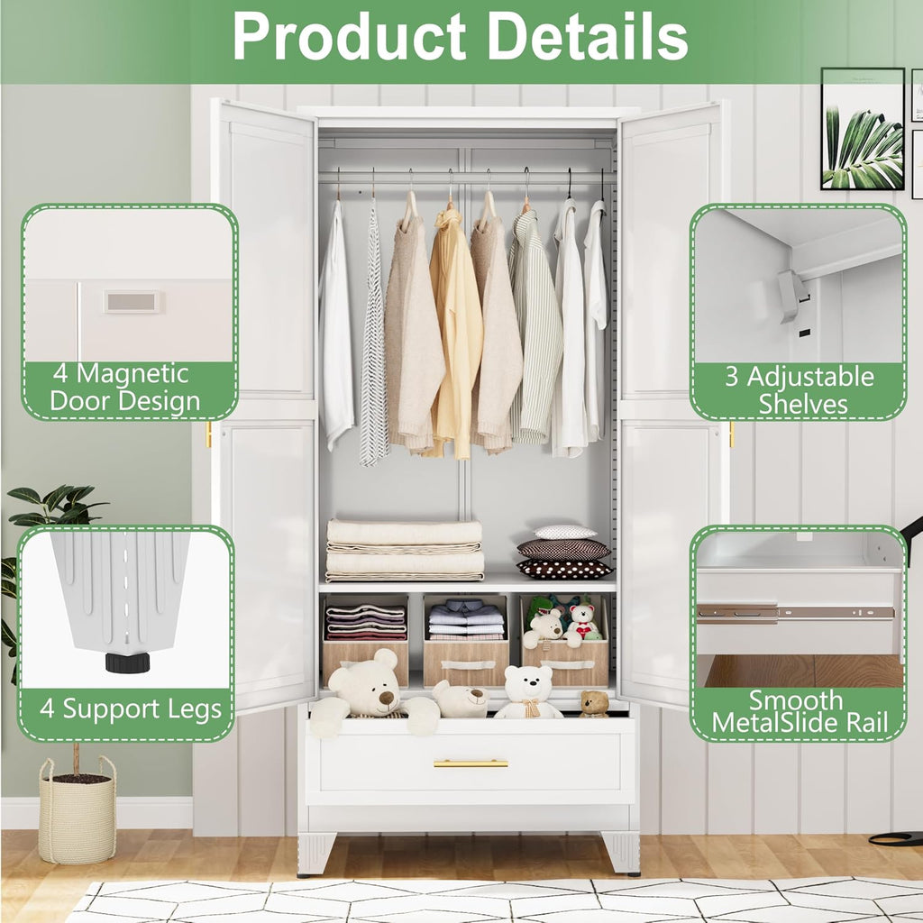 71" H Metal Armoire Wardrobe Closet with Drawer, Adjustable Shelf, Clothes Drying Pole, Clothes Storage Closet (White)