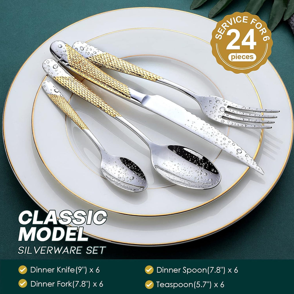 Hammered Silver Gold Silverware Set, 24-Piece 18/10 Stainless Steel Flatware Set, Service of 6
