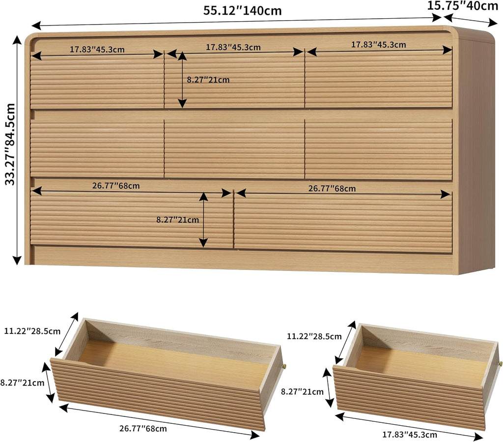 8 Drawer Dresser , 55.12" Chest of Drawers with Charging Station, Long Wood Dresser with Fluted Design & Curved