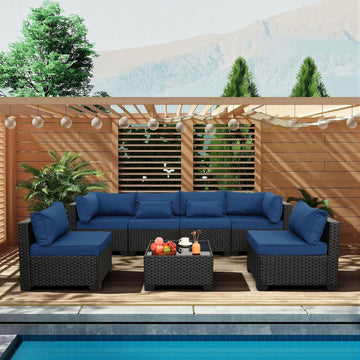 7 Pieces Outdoor Wicker Furniture Conversation Set Patio Sectional Sofa Set Glass Table with Non-Slip Cushions