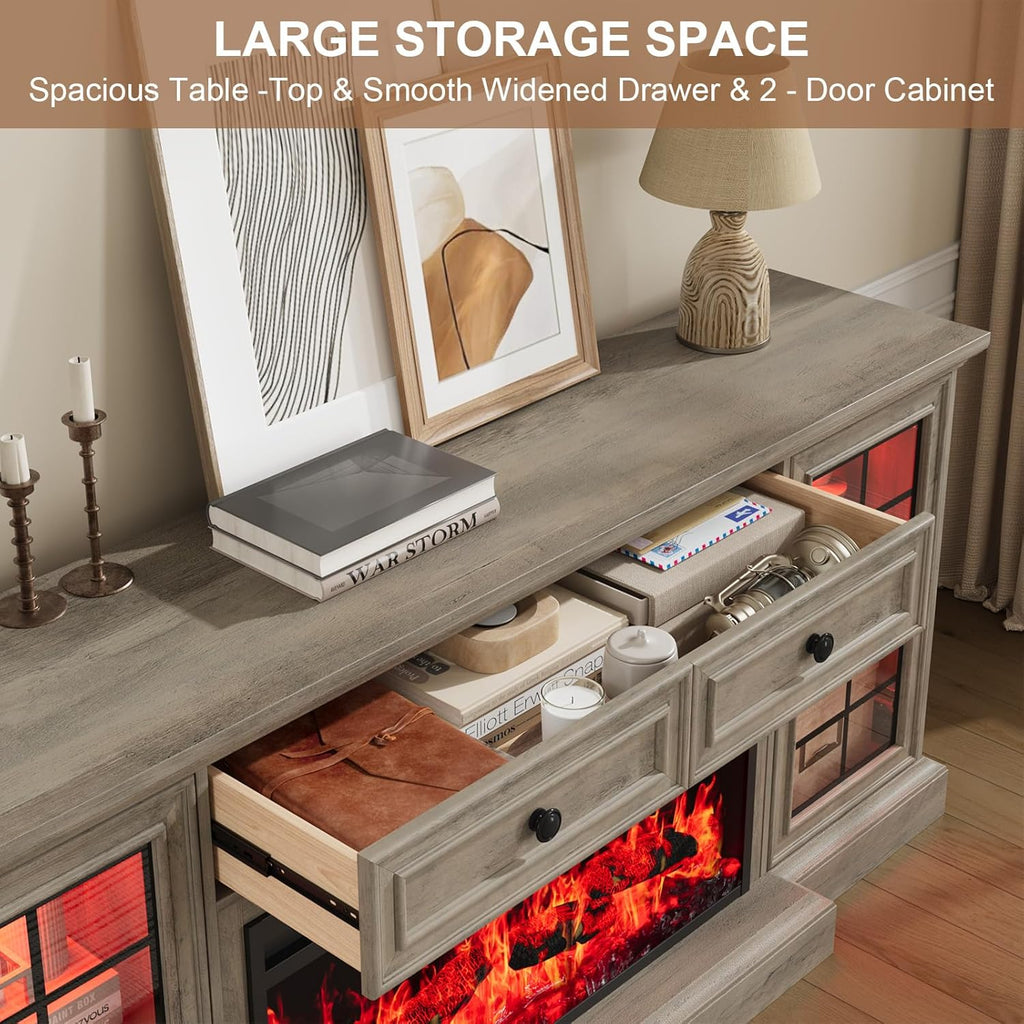 Fireplace TV Stand Up to 80" TVs, 70'' Modern Entertainment Center with 36" Electric Fireplace & LED Lights