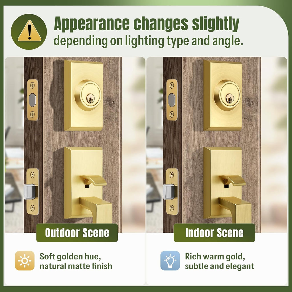 Brushed Gold Square Front Door Handle Set, Heavy Duty Entry Door Handleset with Keys