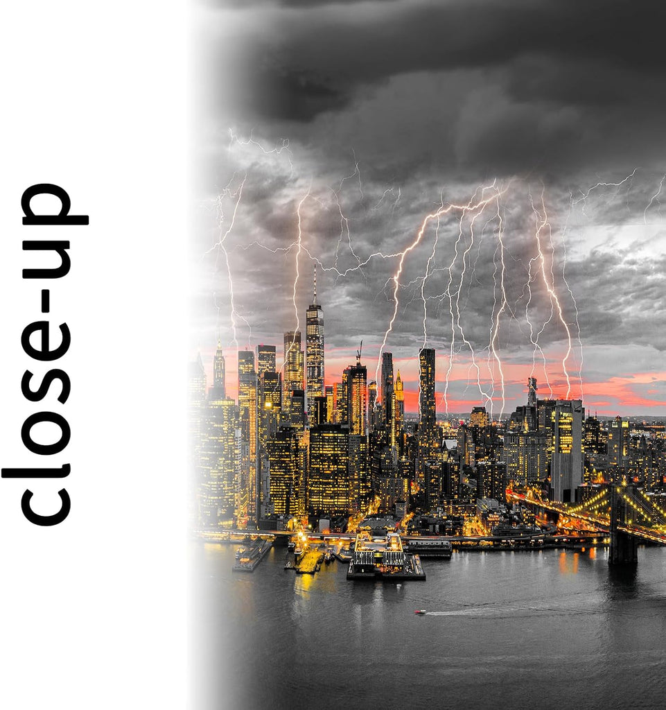 New York City Skyline Lightning Night View Canvas Prints with Black Floater Frame 20x55 Inch Wide Panoramic Wall Art