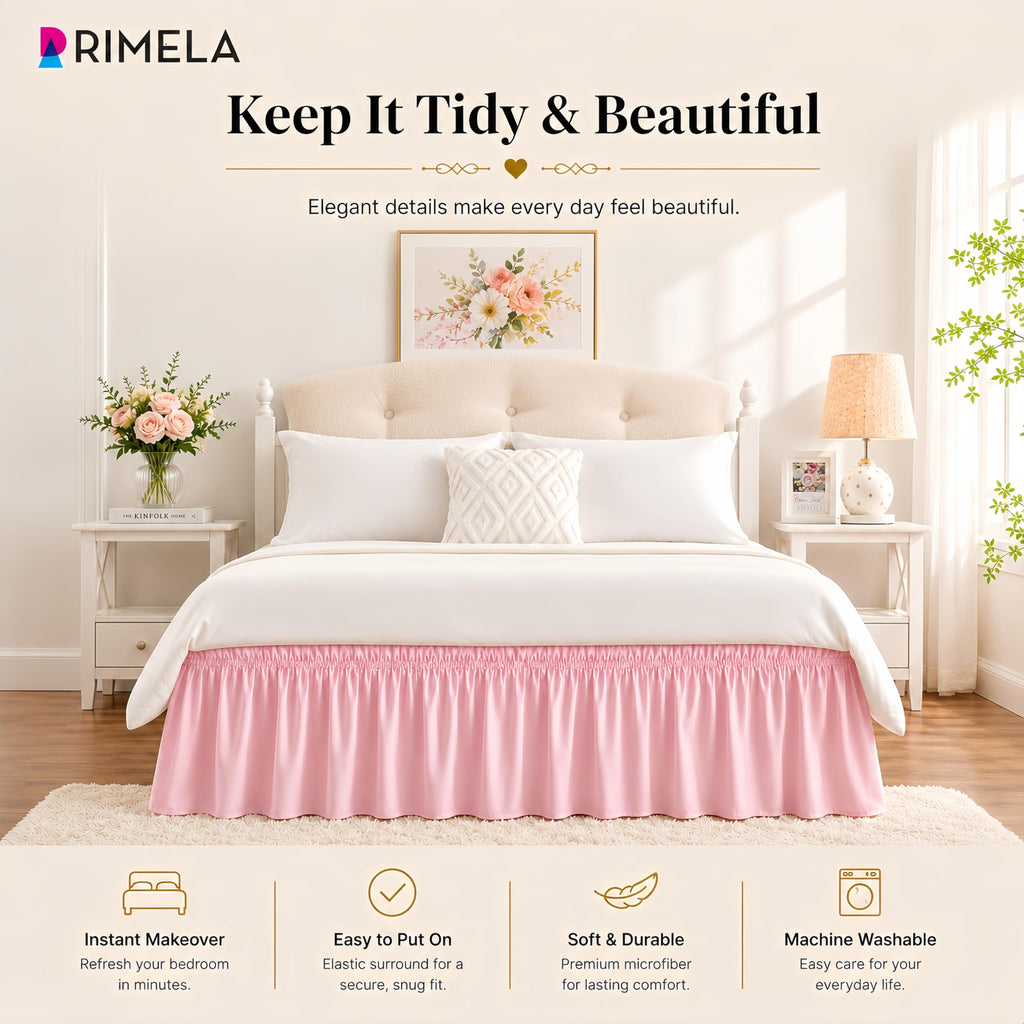Pink Bed Skirt Twin Size 15 Inch Drop, Elastic Wrap Around Bedskirt