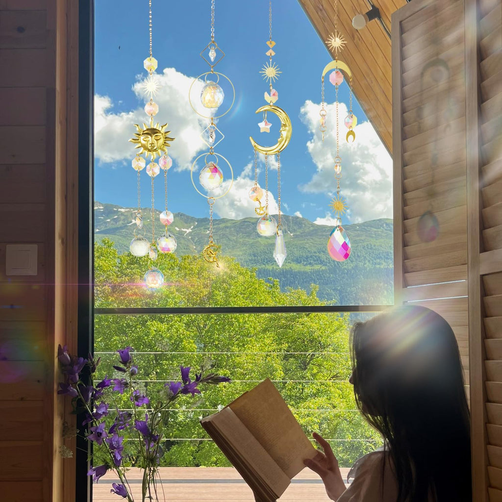4PK Crystal Suncatcher for Windows Hanging Decor, Prism Sun Catcher with Chain and Hook