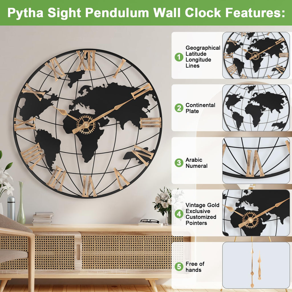 24 Inch Large World Map Vintage Gold Roman Numerals Wall Clock