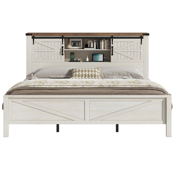 King Size Farmhouse Platform Bed Frame with Bookcase Storage Headboard, Built-in Power Outlet & USB Ports, Rustic