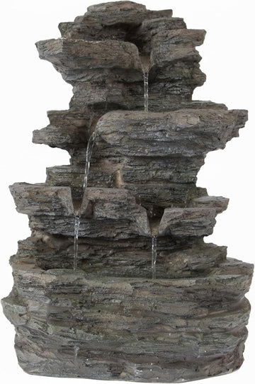 Tabletop Waterfall Fountain with Cascading Rock and LED Lights - Resin Tiered Stones Decor by (Gray)