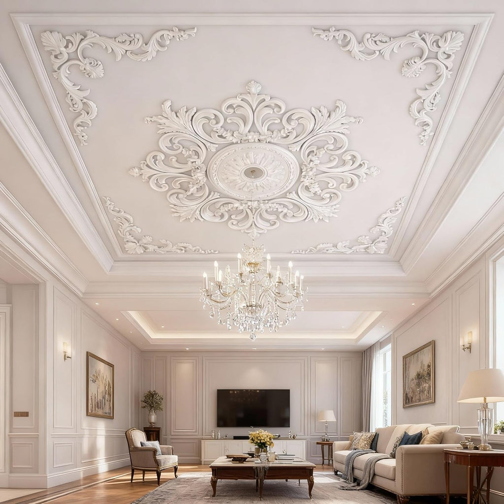 9 Pcs 2.36'' ID Ceiling Molding Set Large 28 Inch PU Ceiling Medallion Combination Decorative with 4 Pcs Corner French