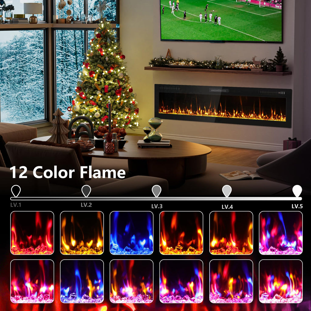 72" Ultra Thin Electric Fireplace Wall Mounted, Slim Fireplace Insert, Wall Fireplace /Bedroom w/Touch Screen, Remote