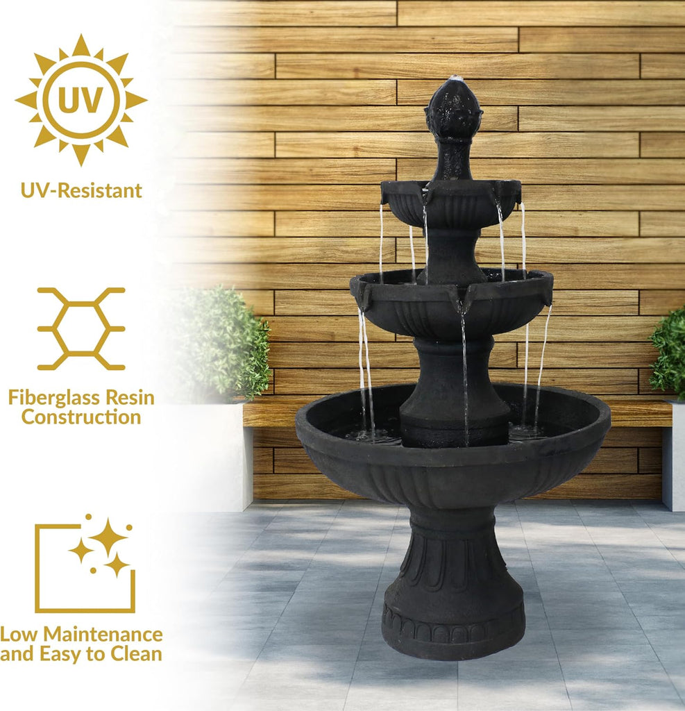 Flower Blossom 43" Tiered Outdoor Water Fountain - 3-Tiered Outdoor Fountain - Black Finish