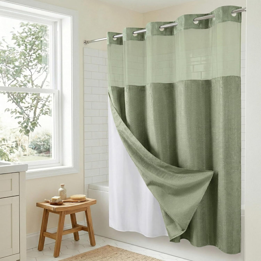 72x75 Hookless Waffle Pattern Shower Curtain - Water-Resistant Long Shower Curtain with Sheer Panel, Snap-in Liner