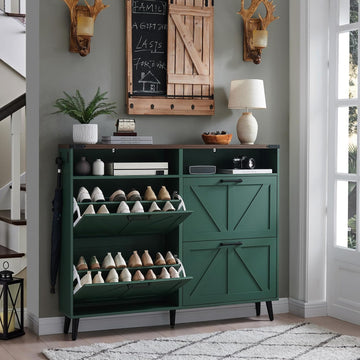 Shoe Storage Cabinet,Farmhouse Shoes Organizer with 4 Flip Drawers & Barn Door Design,Freestanding Hidden Slim Narrow