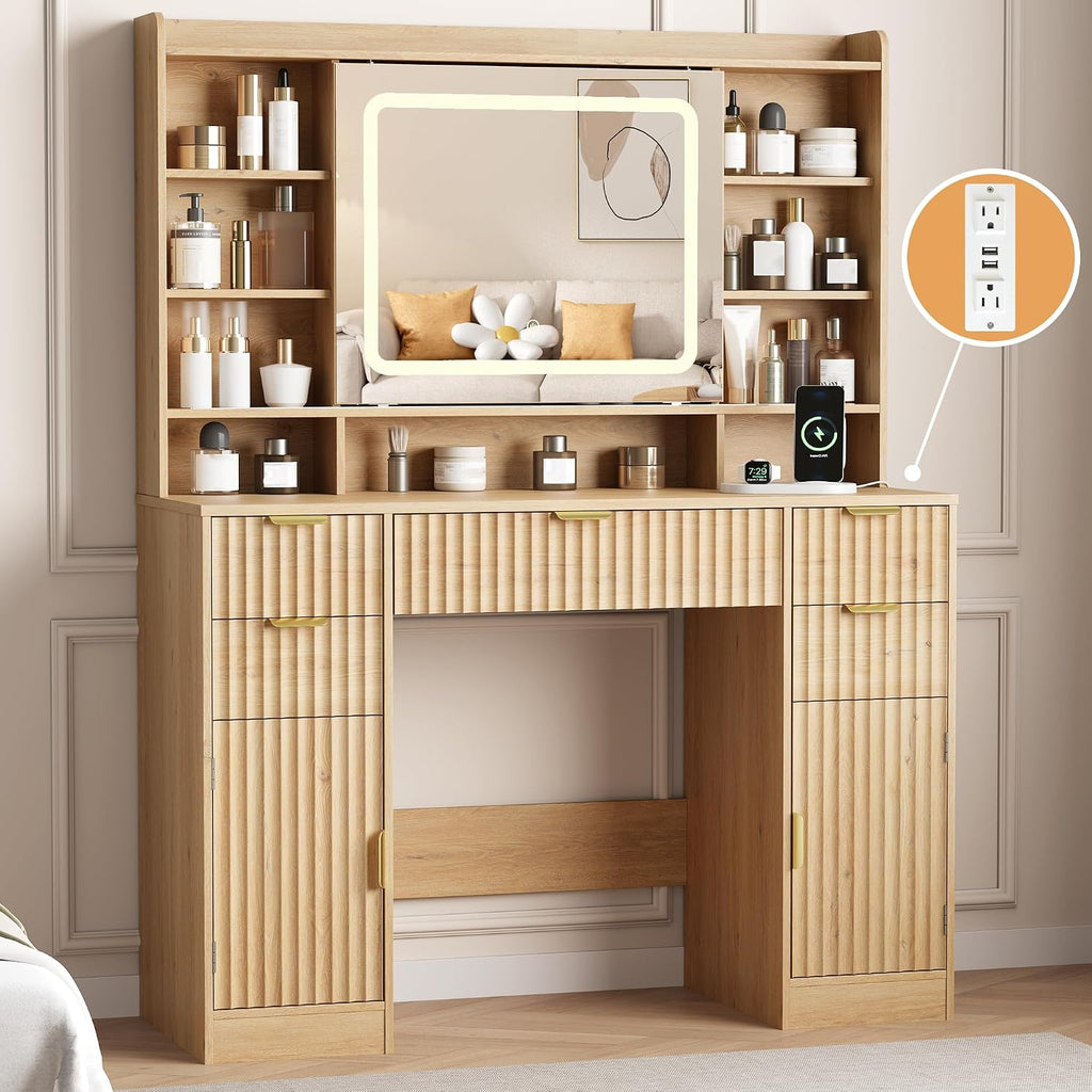 Makeup Vanity Desk with Mirror, Fluted Vanity with 5 Drawers and 2 Cabinets & Open Shelves and Power Outlet & Sliding