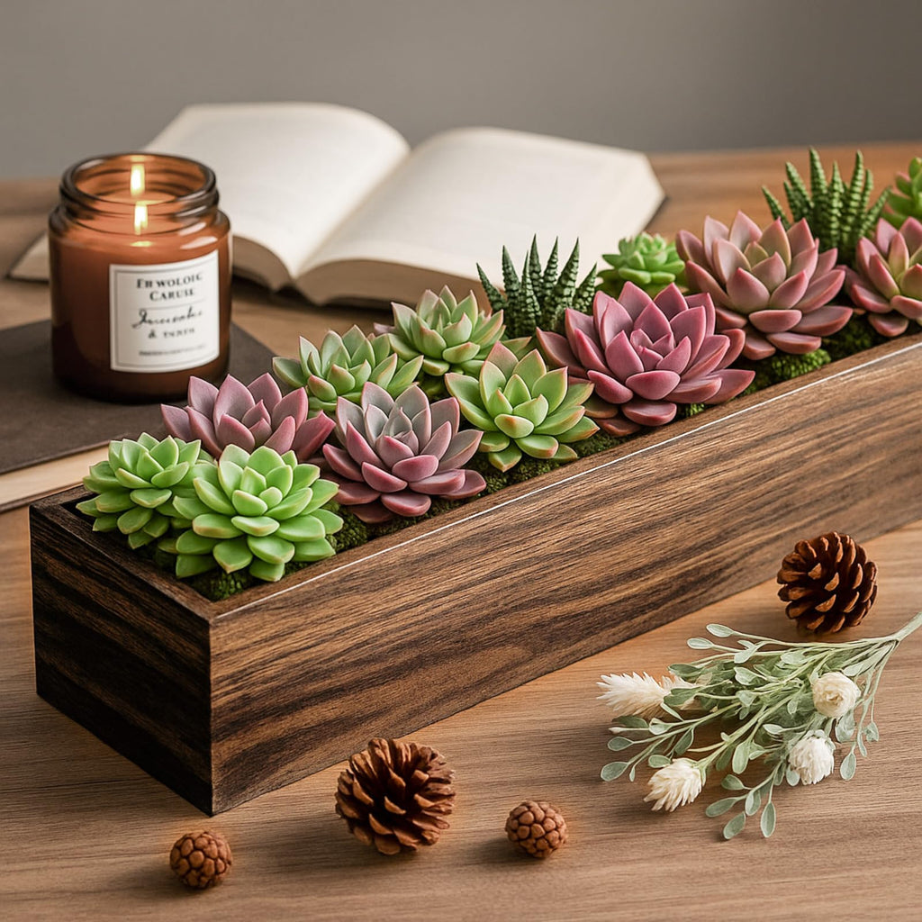 2 Set Wood Rectangle Boxes 16x4 Inch Rustic Planter with Liner