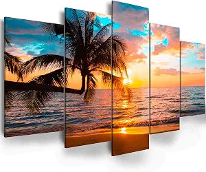 Abstract Framed Canvas Wall Art Art - Ocean Beach Sea Photo Strenth Framed Wall Art,Abstract Landscape Blue Sky Beach - Set of 5